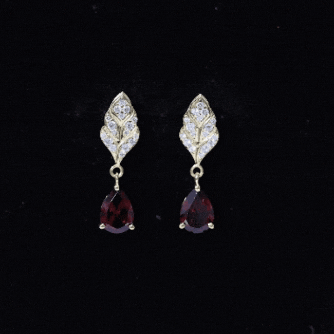 Genuine 3 Carat Garnet Teardrop Earrings with Diamond Leaf