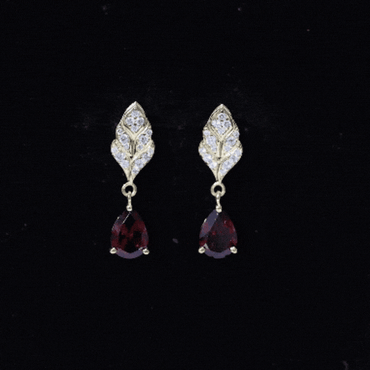 Genuine 3 Carat Garnet Teardrop Earrings with Diamond Leaf