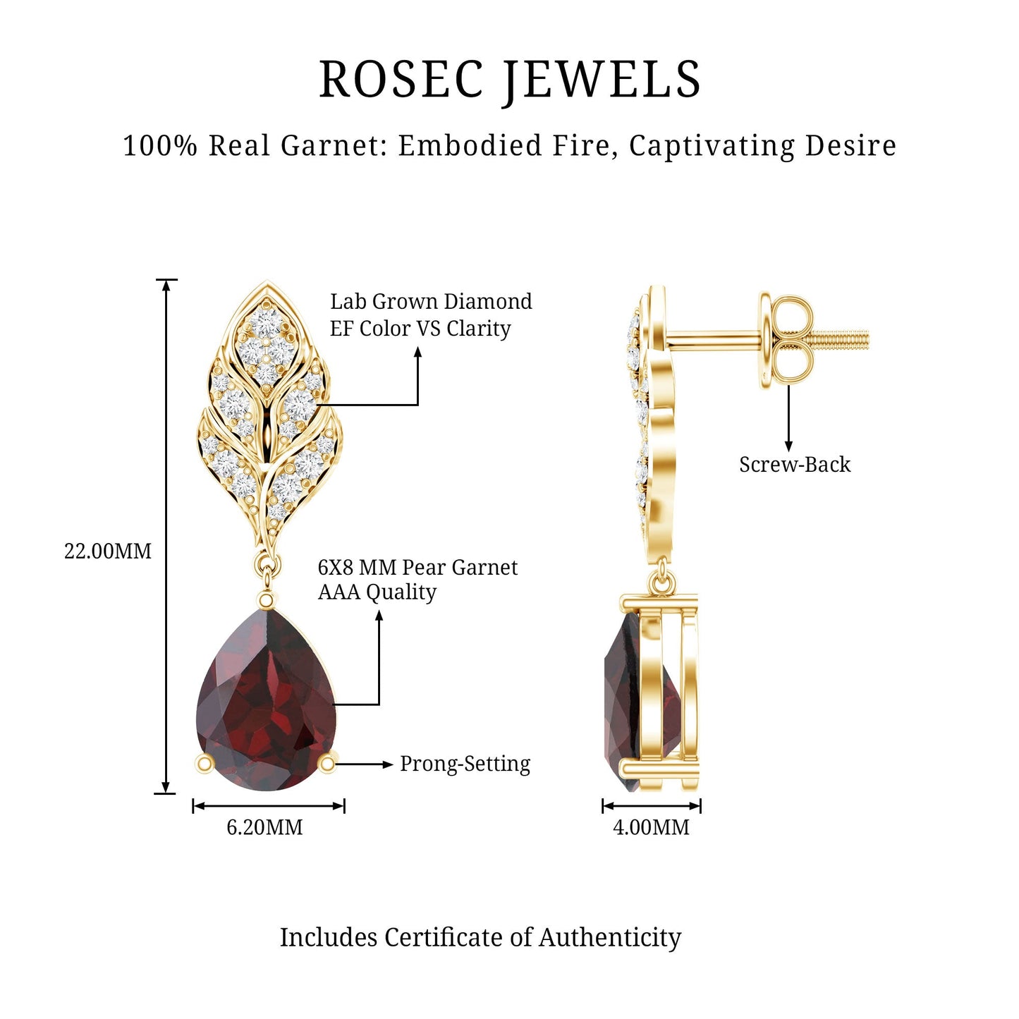 Genuine 3 Carat Garnet Teardrop Earrings with Diamond Leaf