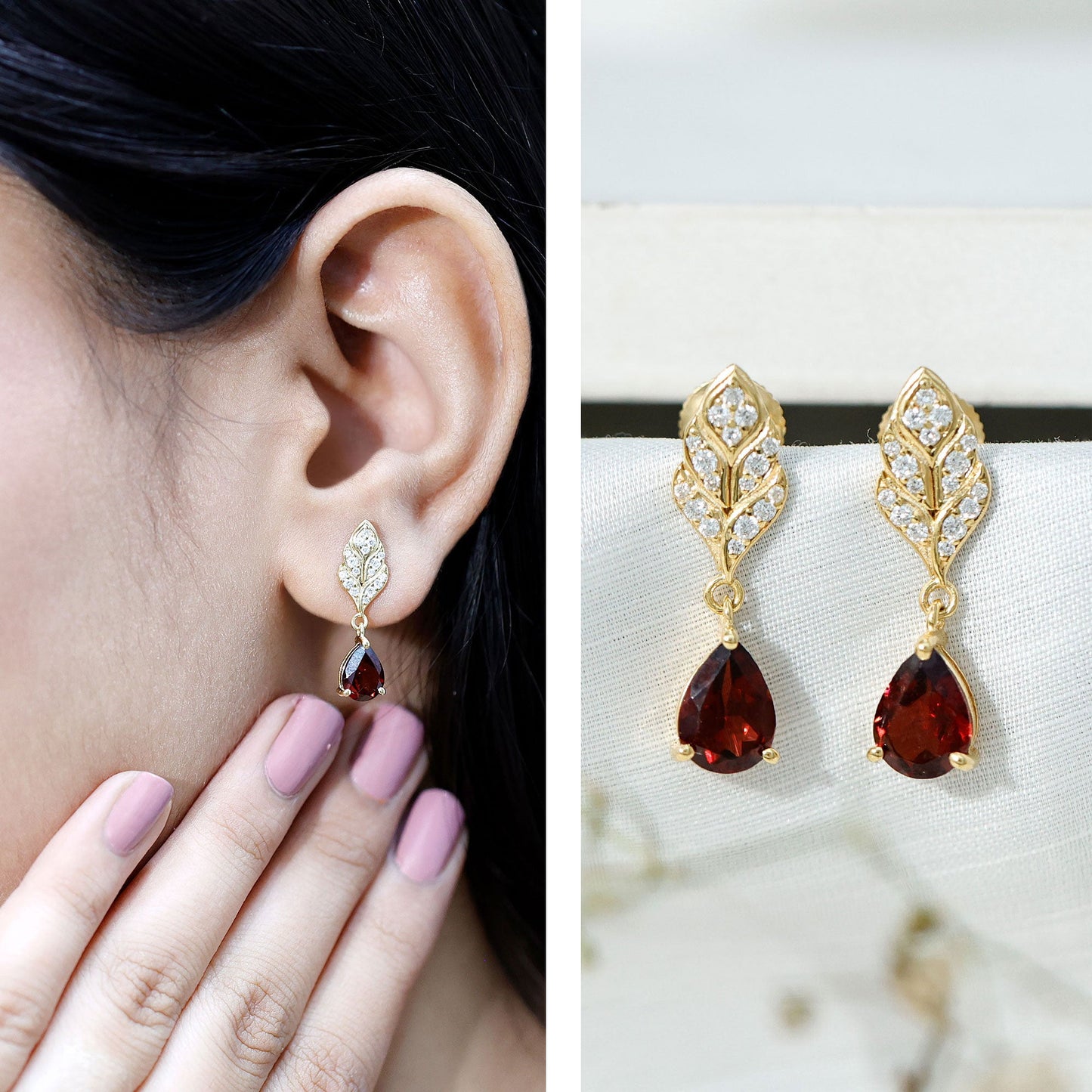 Genuine 3 Carat Garnet Teardrop Earrings with Diamond Leaf