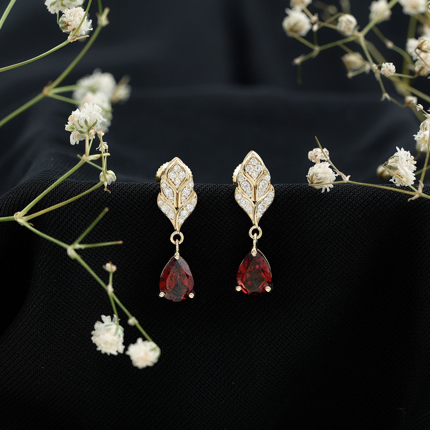 Genuine 3 Carat Garnet Teardrop Earrings with Diamond Leaf