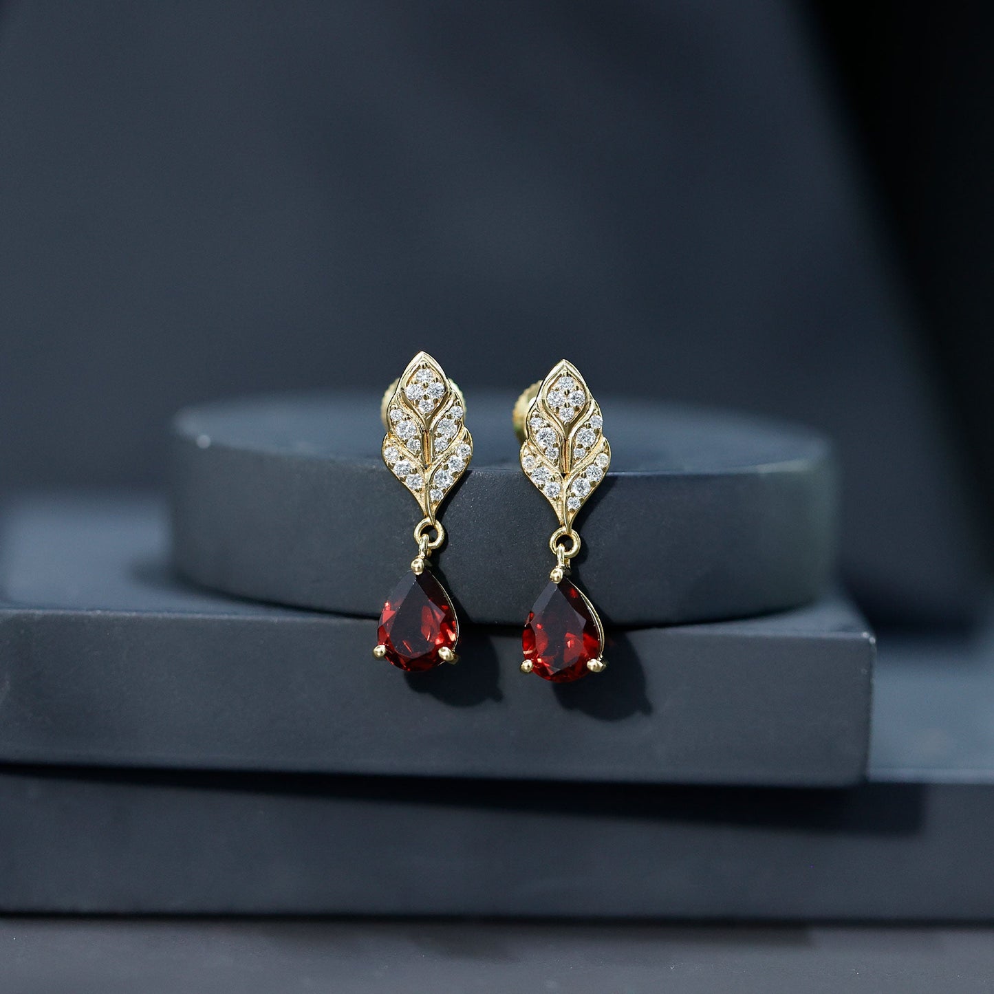 Genuine 3 Carat Garnet Teardrop Earrings with Diamond Leaf