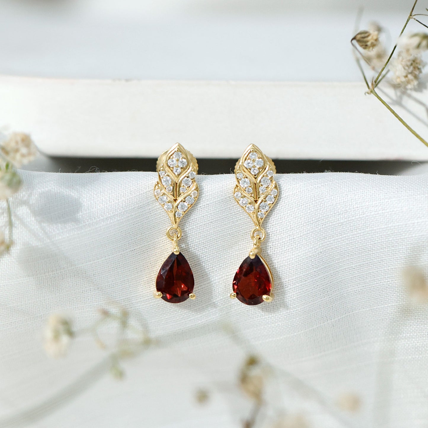 Genuine 3 Carat Garnet Teardrop Earrings with Diamond Leaf