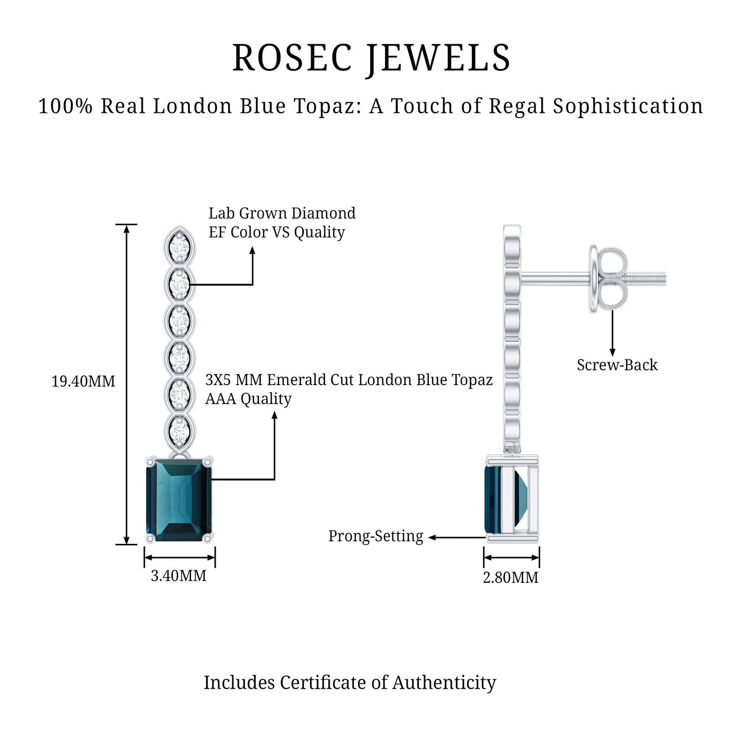 Half Carat Emerald Cut London Blue Topaz Dangle Drop Earrings with Diamond