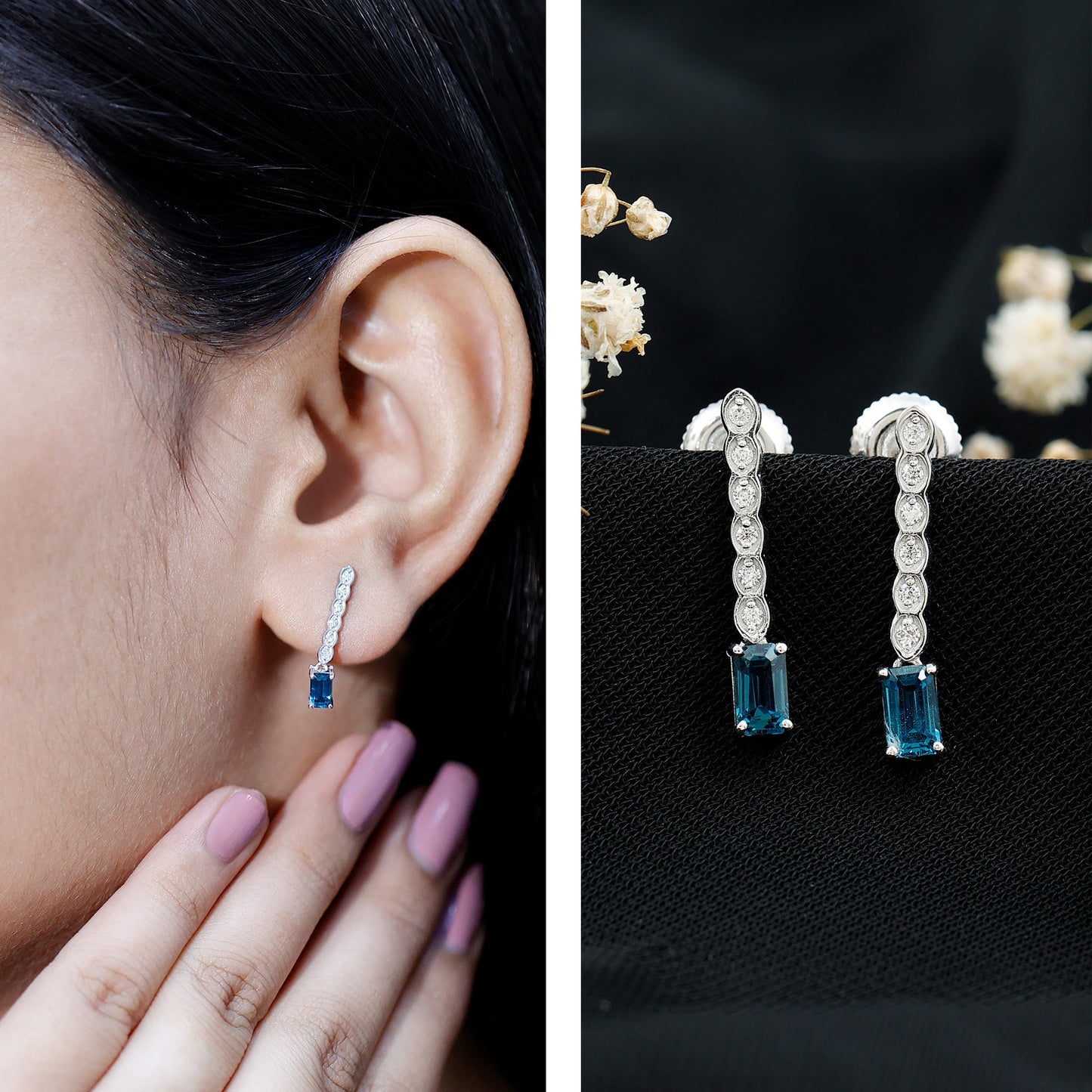 Half Carat Emerald Cut London Blue Topaz Dangle Drop Earrings with Diamond
