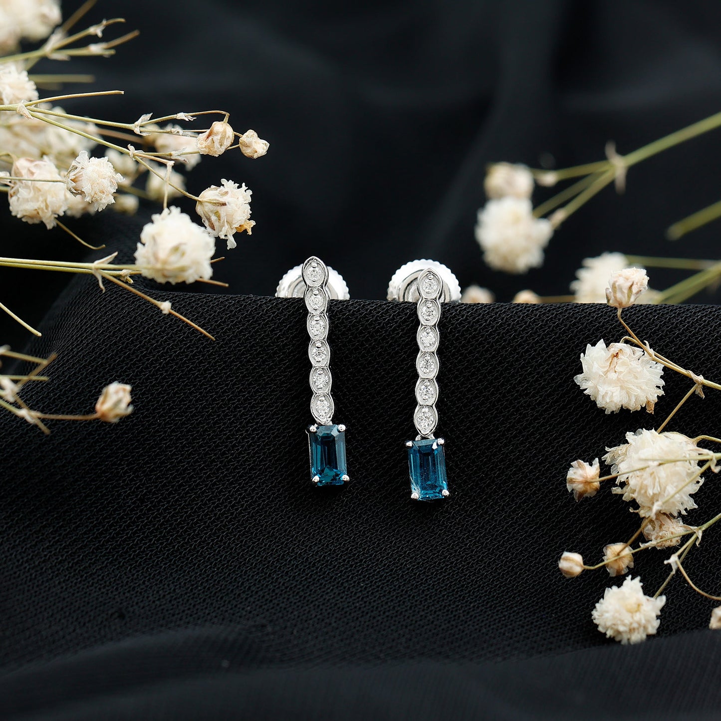 Half Carat Emerald Cut London Blue Topaz Dangle Drop Earrings with Diamond