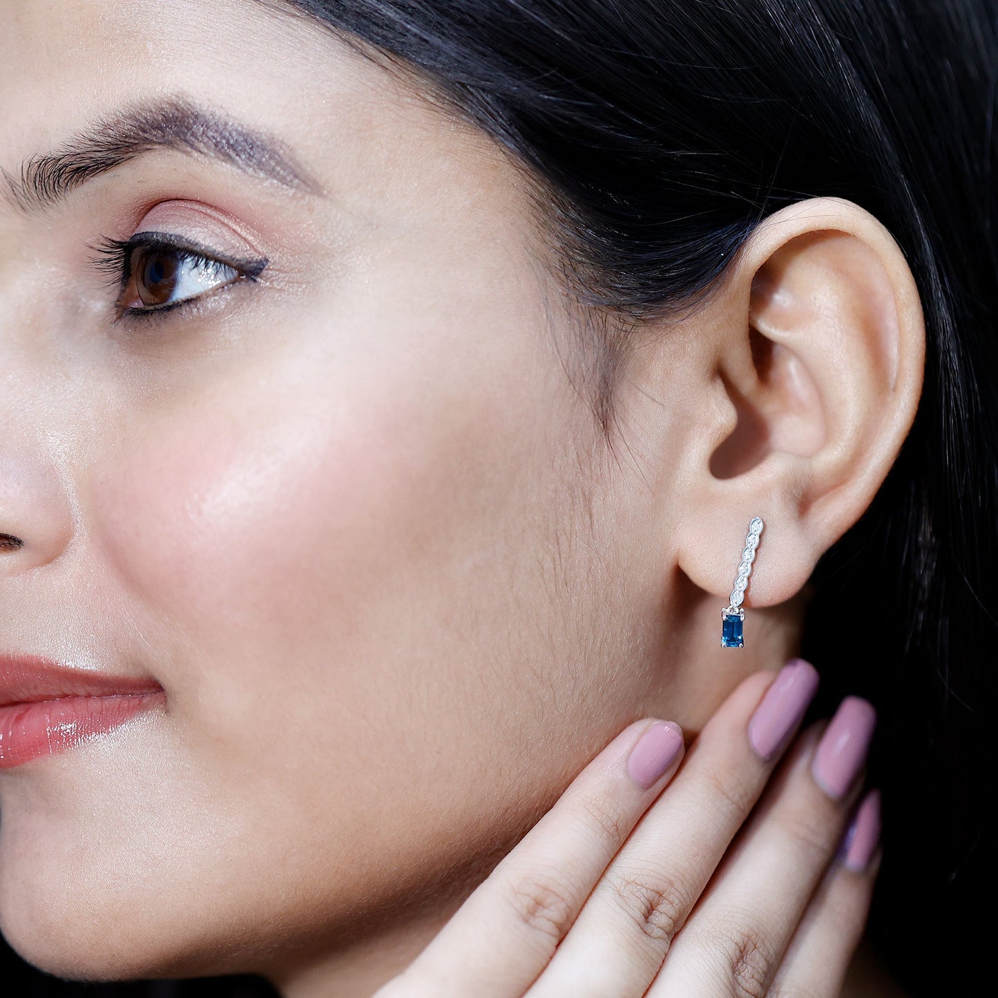 Half Carat Emerald Cut London Blue Topaz Dangle Drop Earrings with Diamond