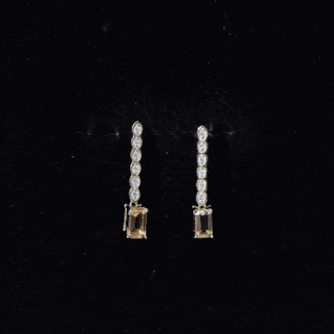Emerald Cut Citrine and Diamond Bar Drop Earrings in Silver