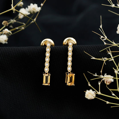 Emerald Cut Citrine and Diamond Bar Drop Earrings in Silver