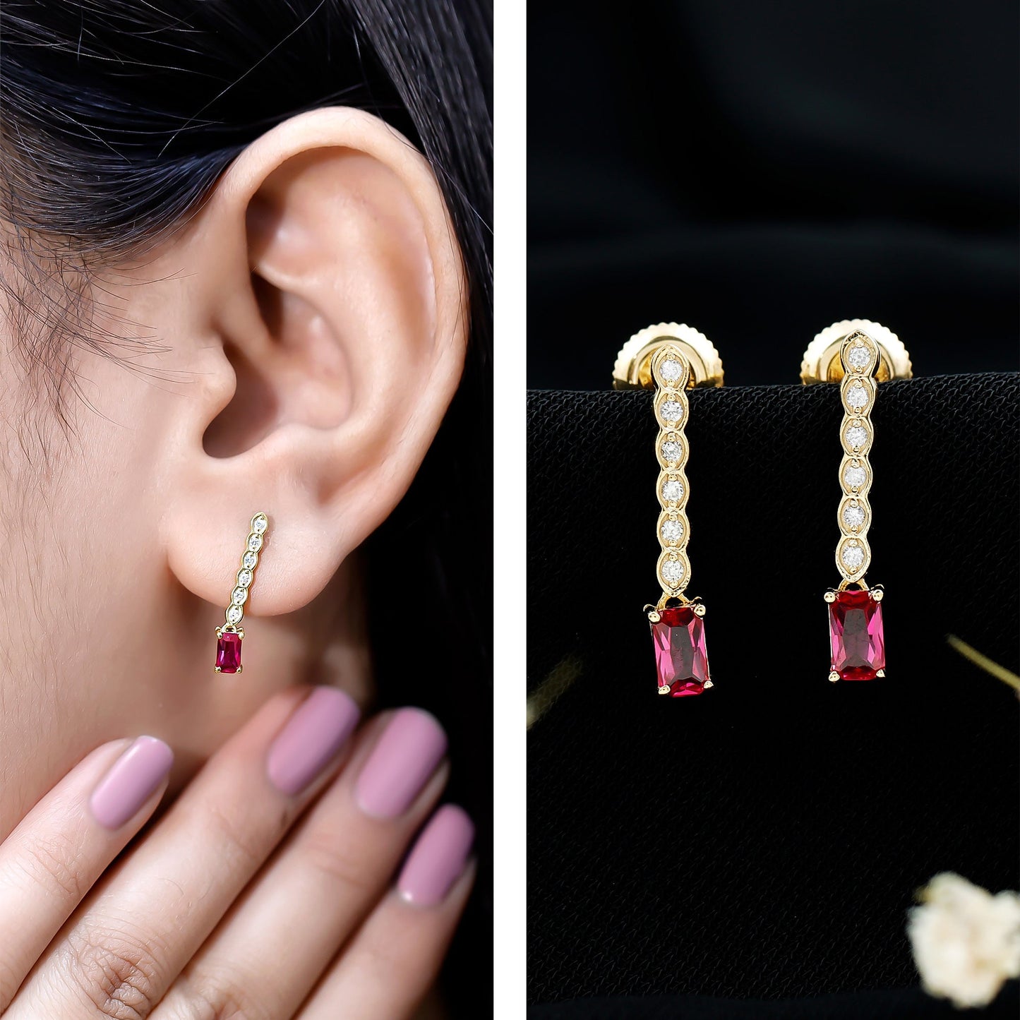 Lab Grown Ruby and Diamond Dangle Earrings For Women