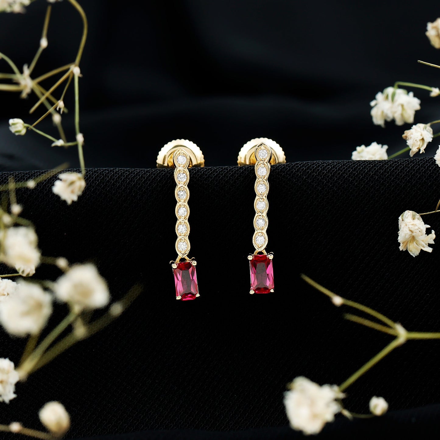 Lab Grown Ruby and Diamond Dangle Earrings For Women