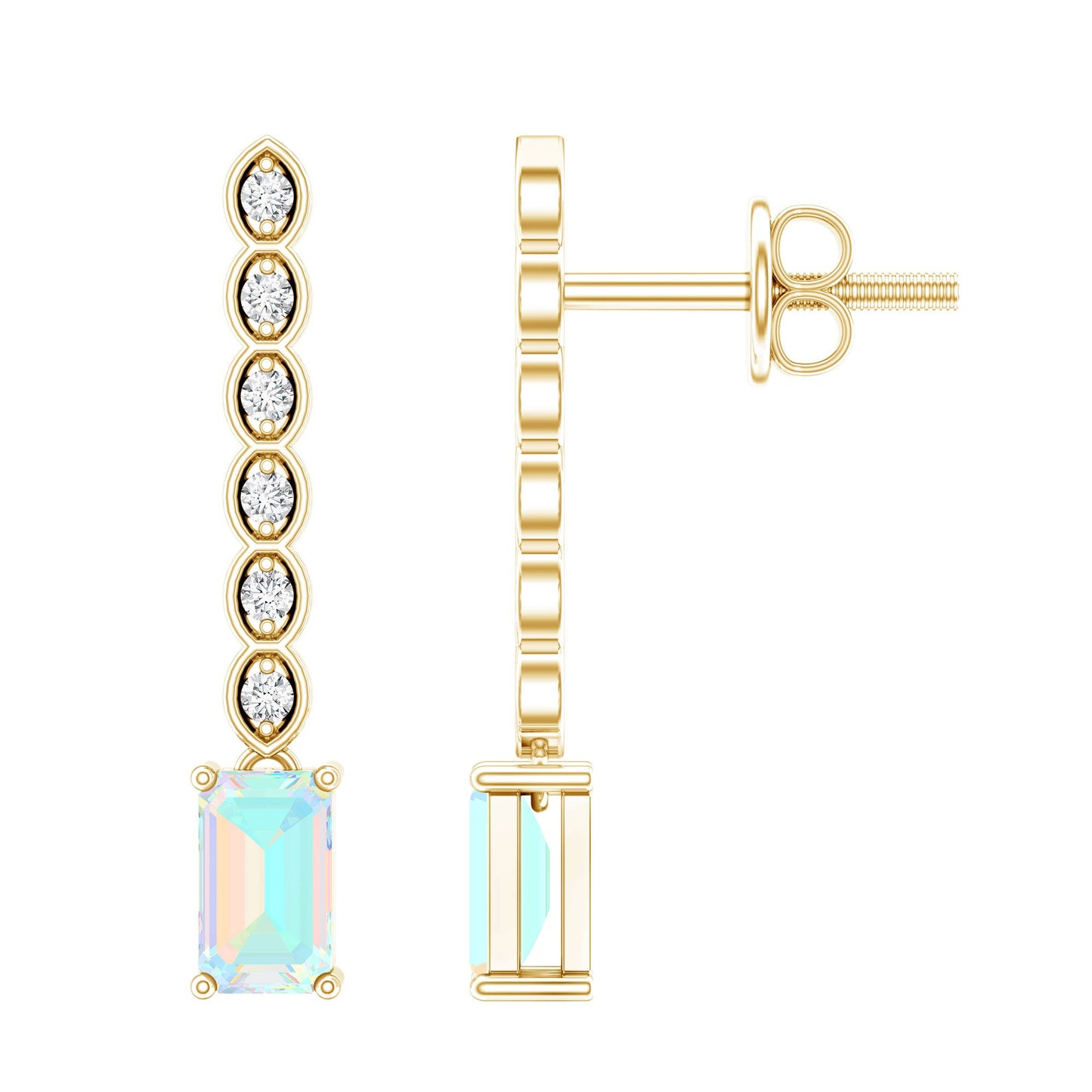 Emerald Cut Ethiopian Opal Drop Earrings with Lab Diamond