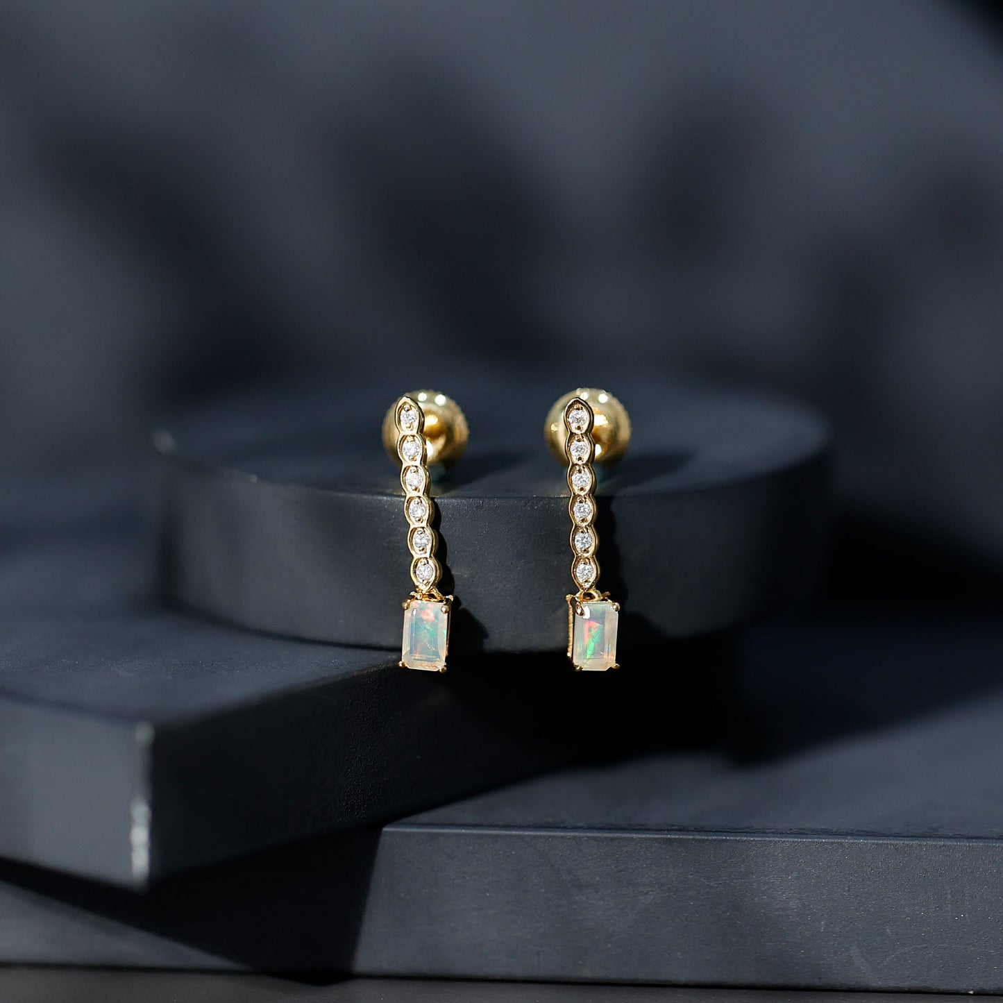 Emerald Cut Ethiopian Opal Drop Earrings with Lab Diamond