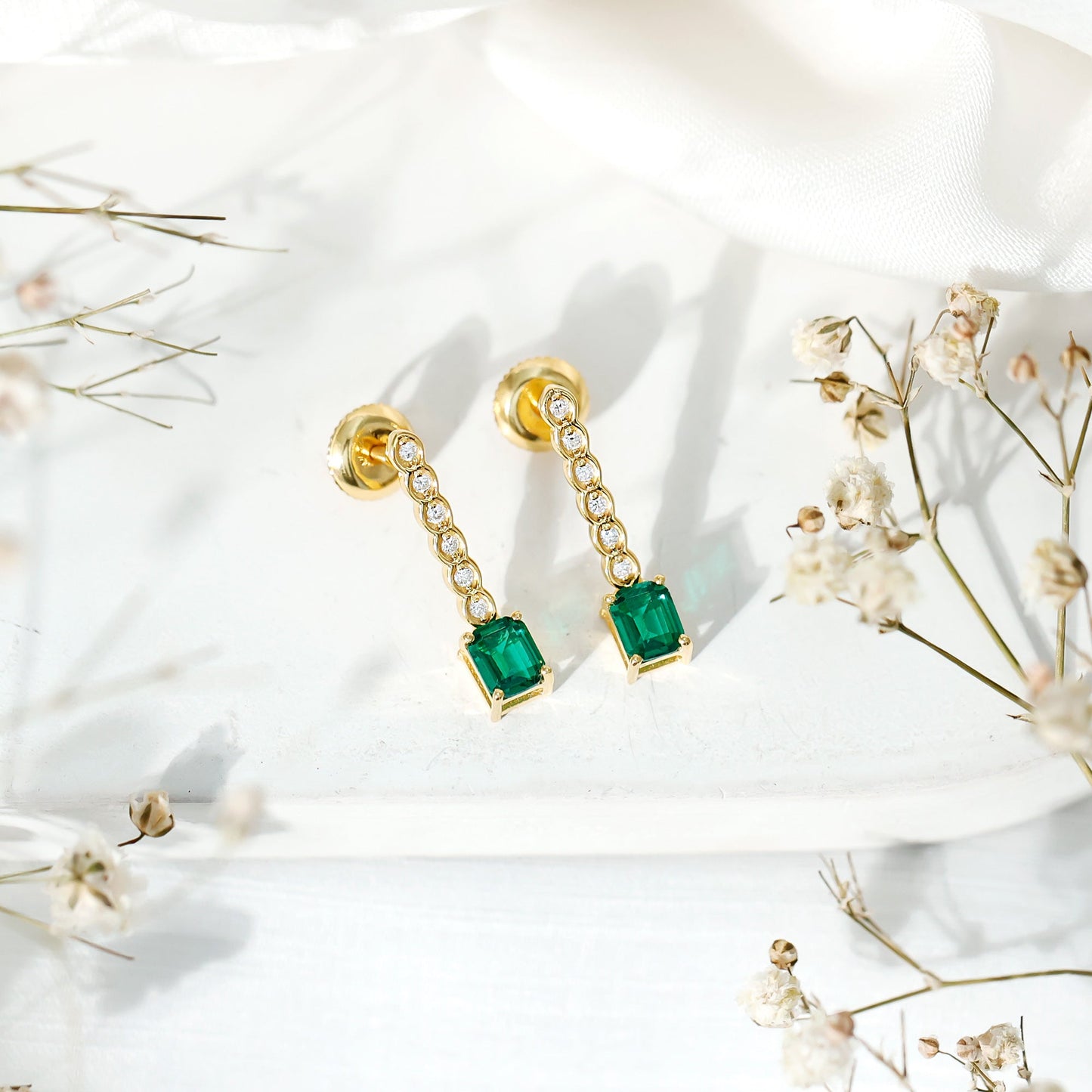 Antique Looking Lab Grown Emerald and Diamond Dangle Drop Earrings