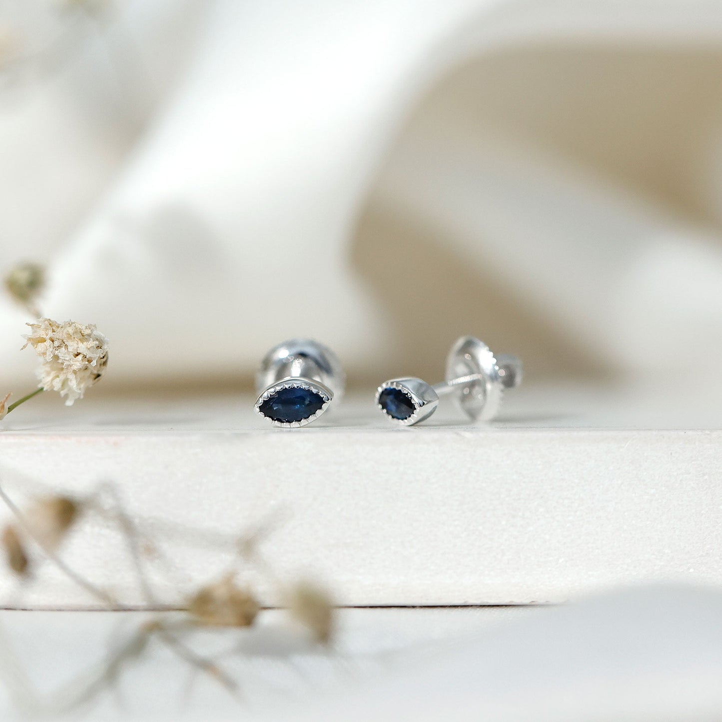 Natural 0.3 Carat Marquise Cut Blue Sapphire Earrings in Silver