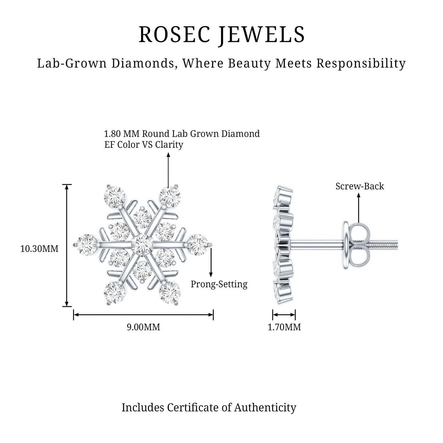 Lab Created Diamond Snowflake Stud Earrings With Screw Back