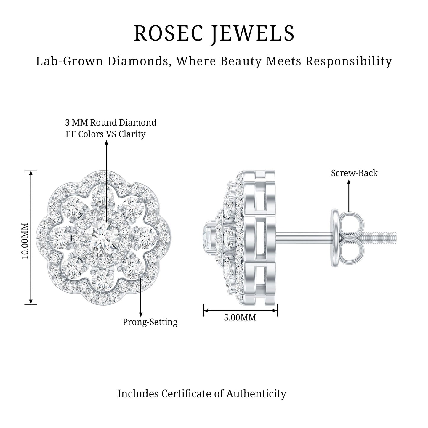 Certified Lab Grown Diamond Flower Bridal Stud Earrings