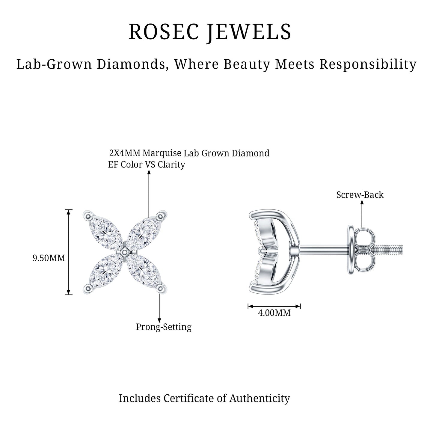 Certified Lab Grown Diamond Flower Earrings With Screw Back
