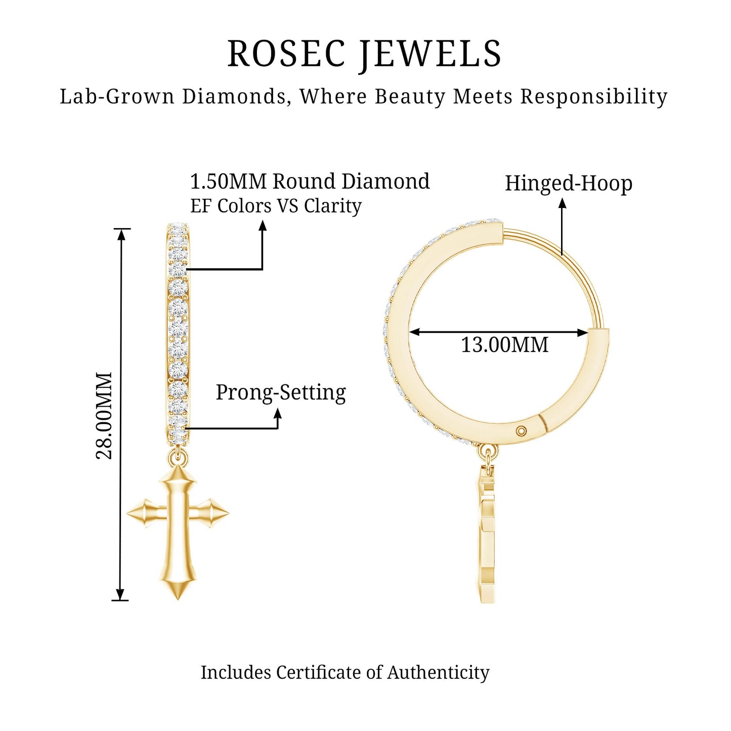 Lab Grown Diamond Holy Cross Hoop Drop Earrings For Women