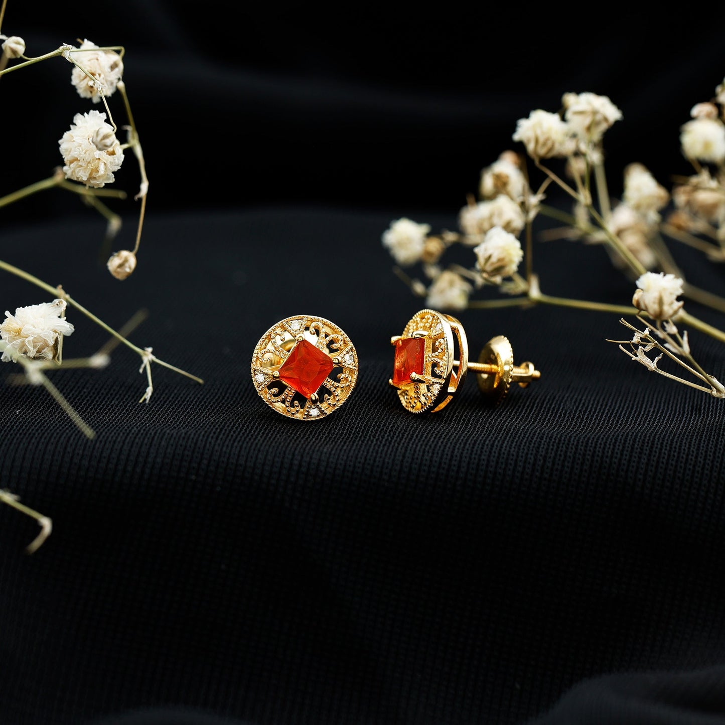 Antique Style 0.6 Carat Fire Opal Circle Stud Earrings with Lab Diamond