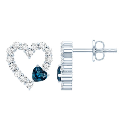 Certified London Blue Topaz and Diamond Heart Stud Earrings