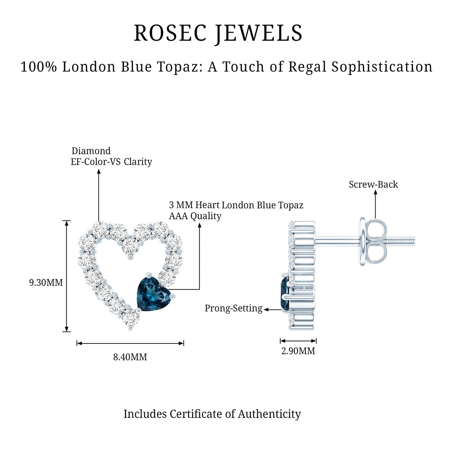 Certified London Blue Topaz and Diamond Heart Stud Earrings