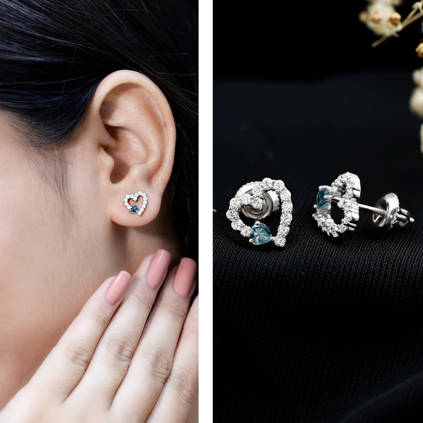 Certified London Blue Topaz and Diamond Heart Stud Earrings