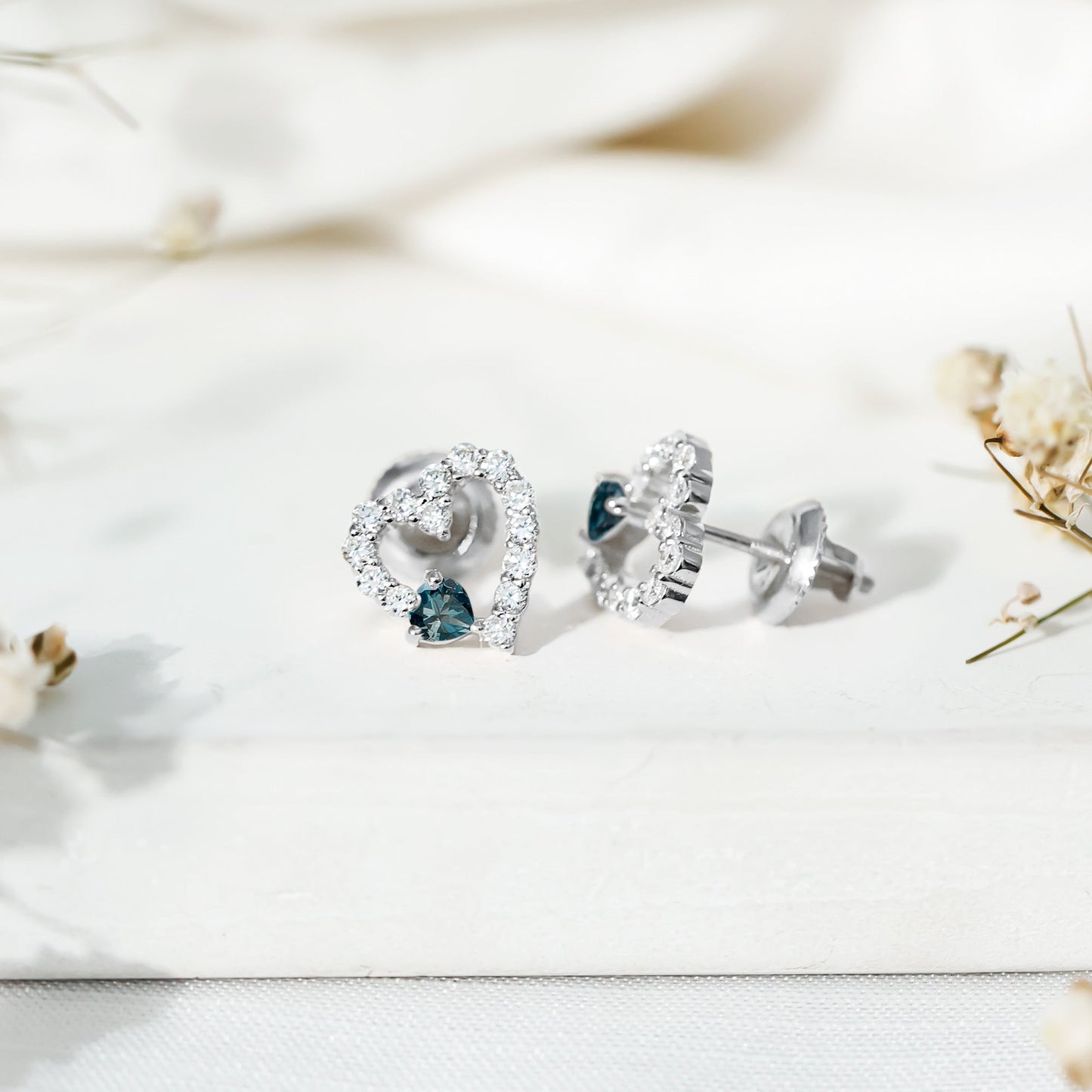 Certified London Blue Topaz and Diamond Heart Stud Earrings