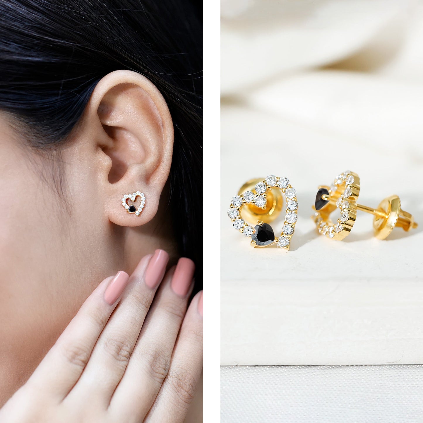 Lab Created Black and White Diamond Heart Stud Earrings in Silver