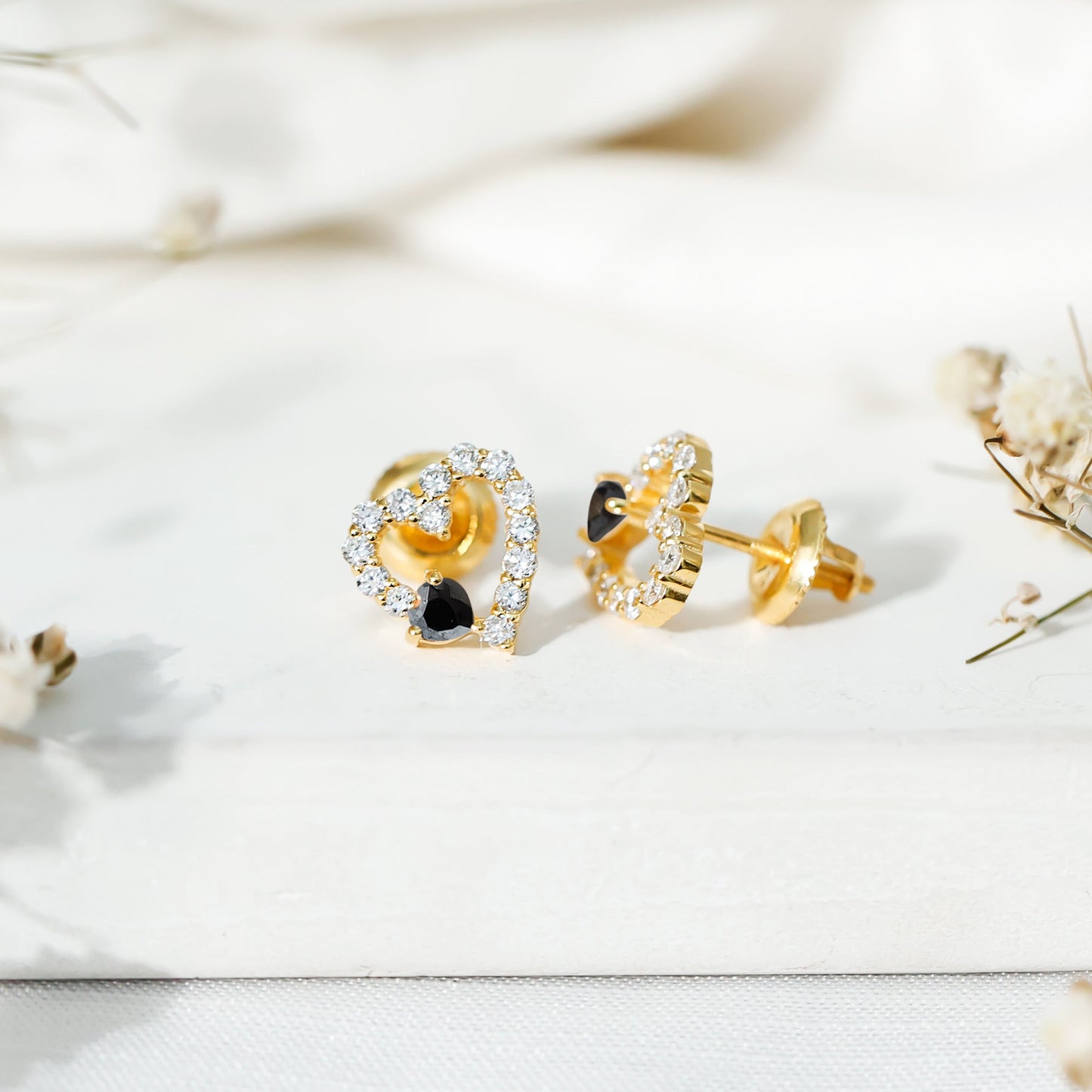 Lab Created Black and White Diamond Heart Stud Earrings in Silver