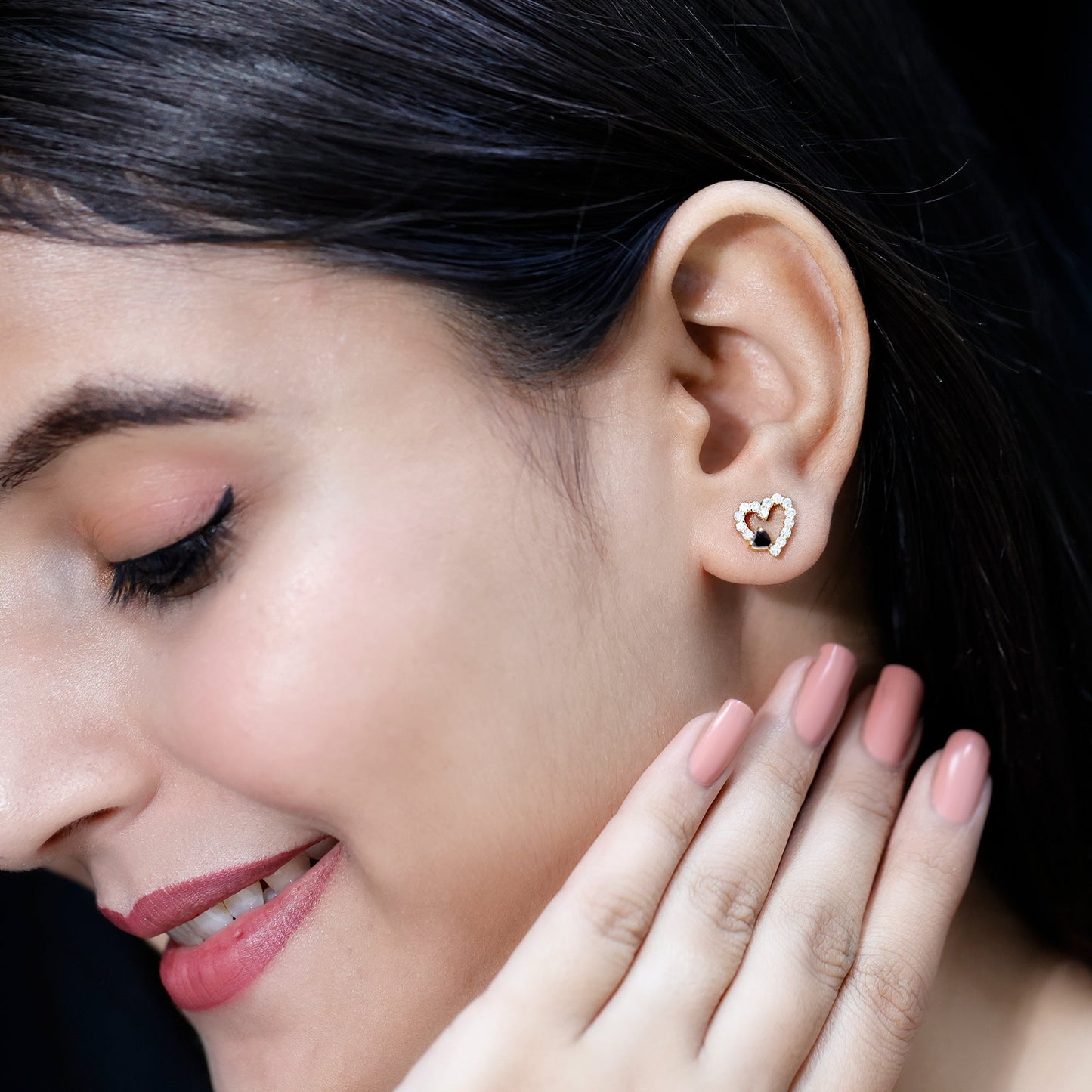 Lab Created Black and White Diamond Heart Stud Earrings in Silver