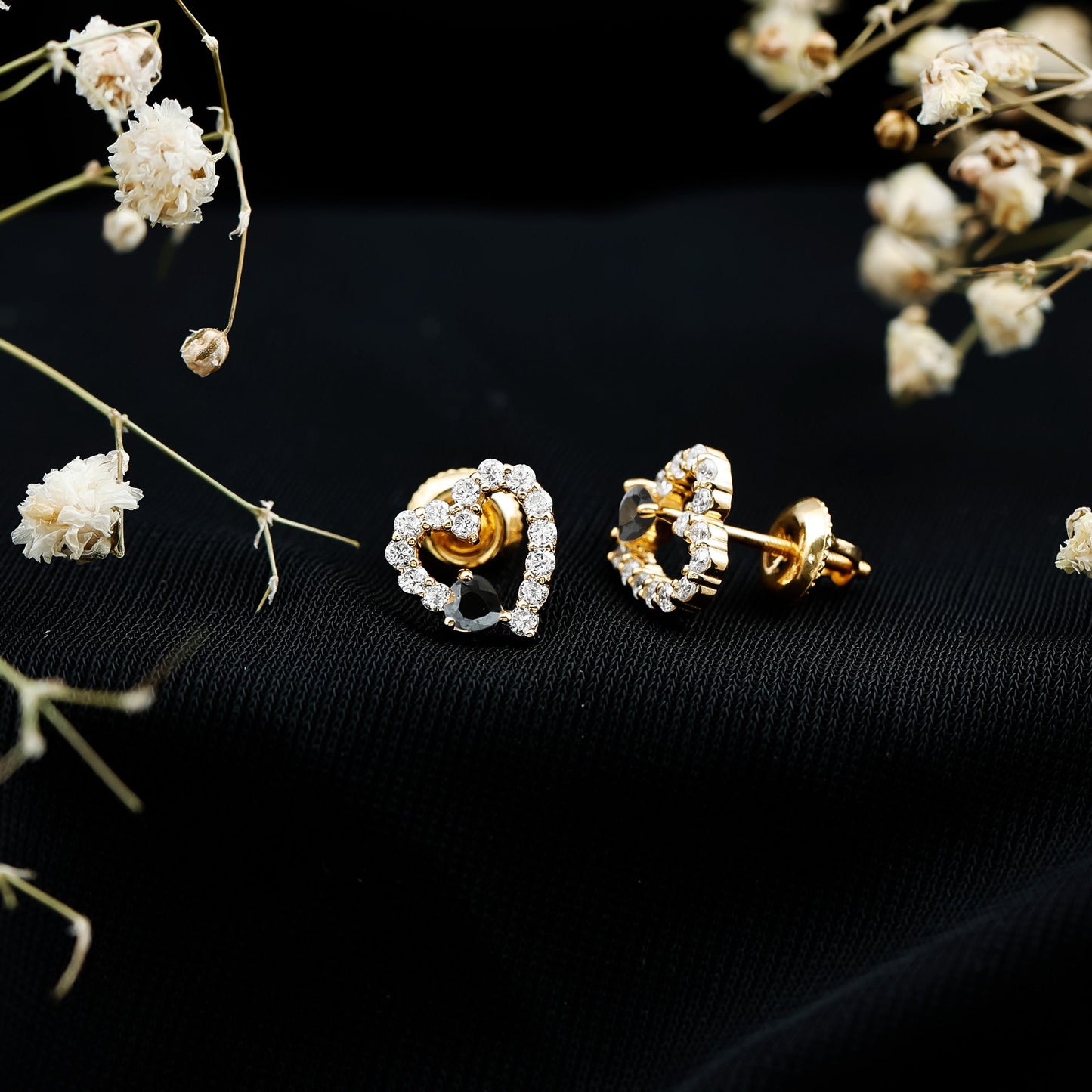 Lab Created Black and White Diamond Heart Stud Earrings in Silver