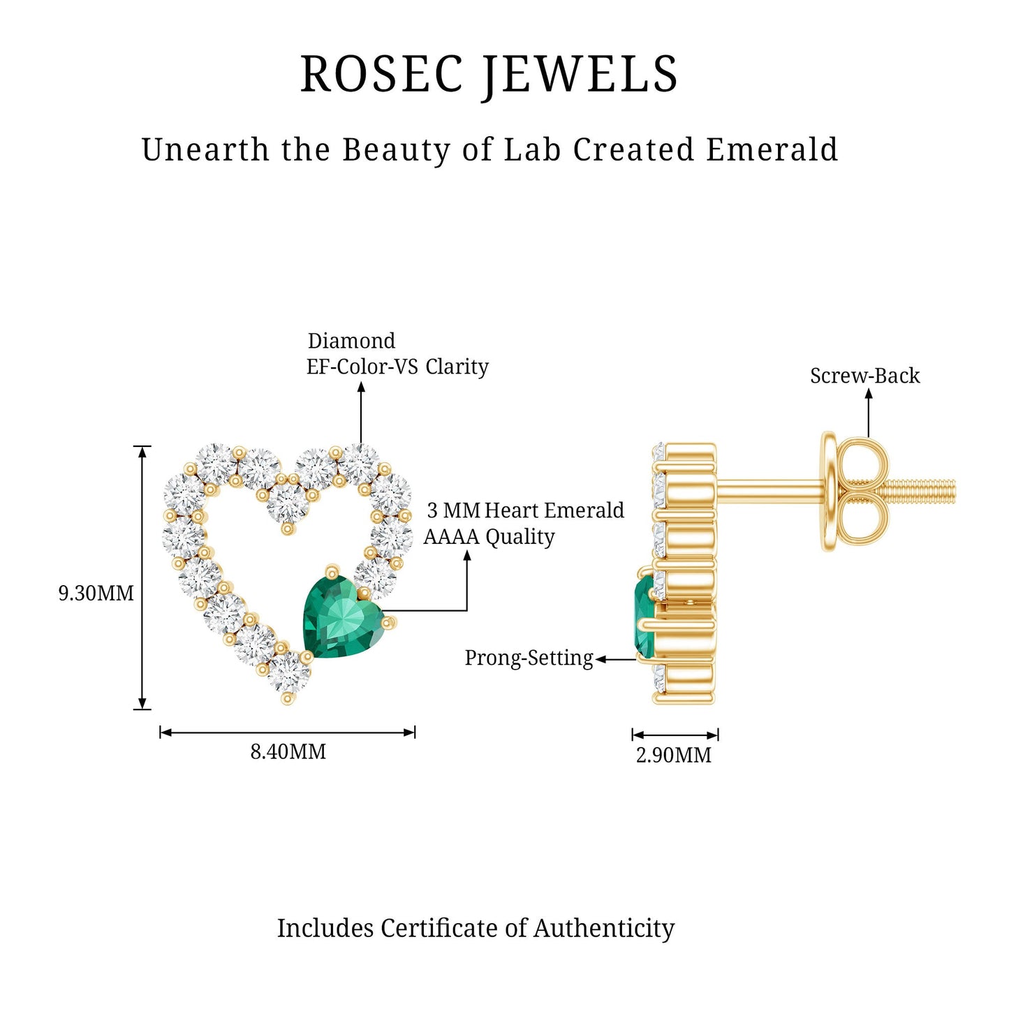 Lab Grown Emerald and Diamond Heart Stud Earrings in Yellow Gold Plated Silver