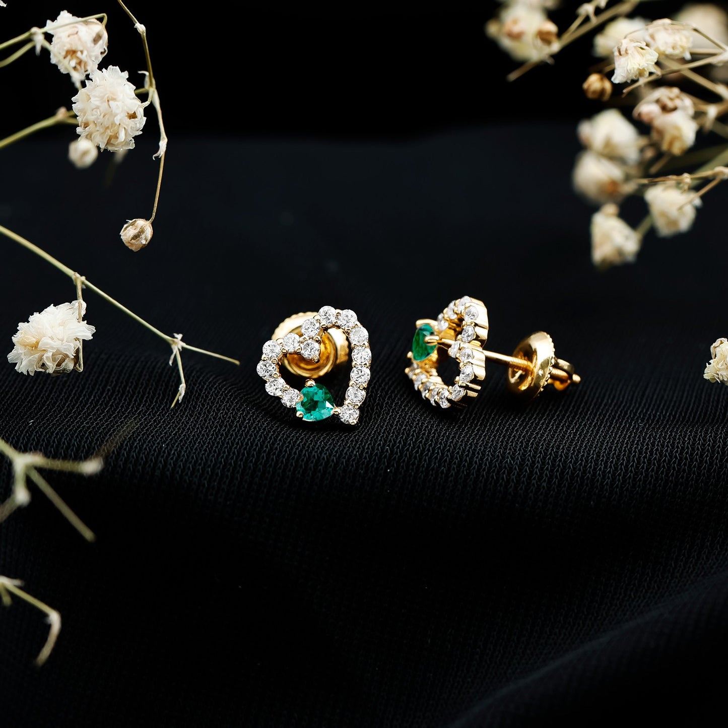 Lab Grown Emerald and Diamond Heart Stud Earrings in Yellow Gold Plated Silver