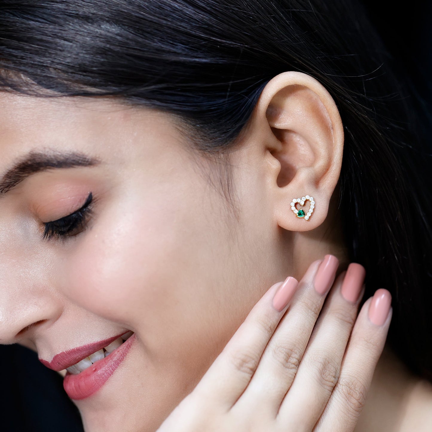 Lab Grown Emerald and Diamond Heart Stud Earrings in Yellow Gold Plated Silver