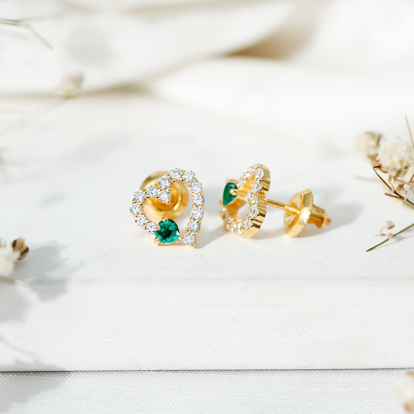 Lab Grown Emerald and Diamond Heart Stud Earrings in Yellow Gold Plated Silver
