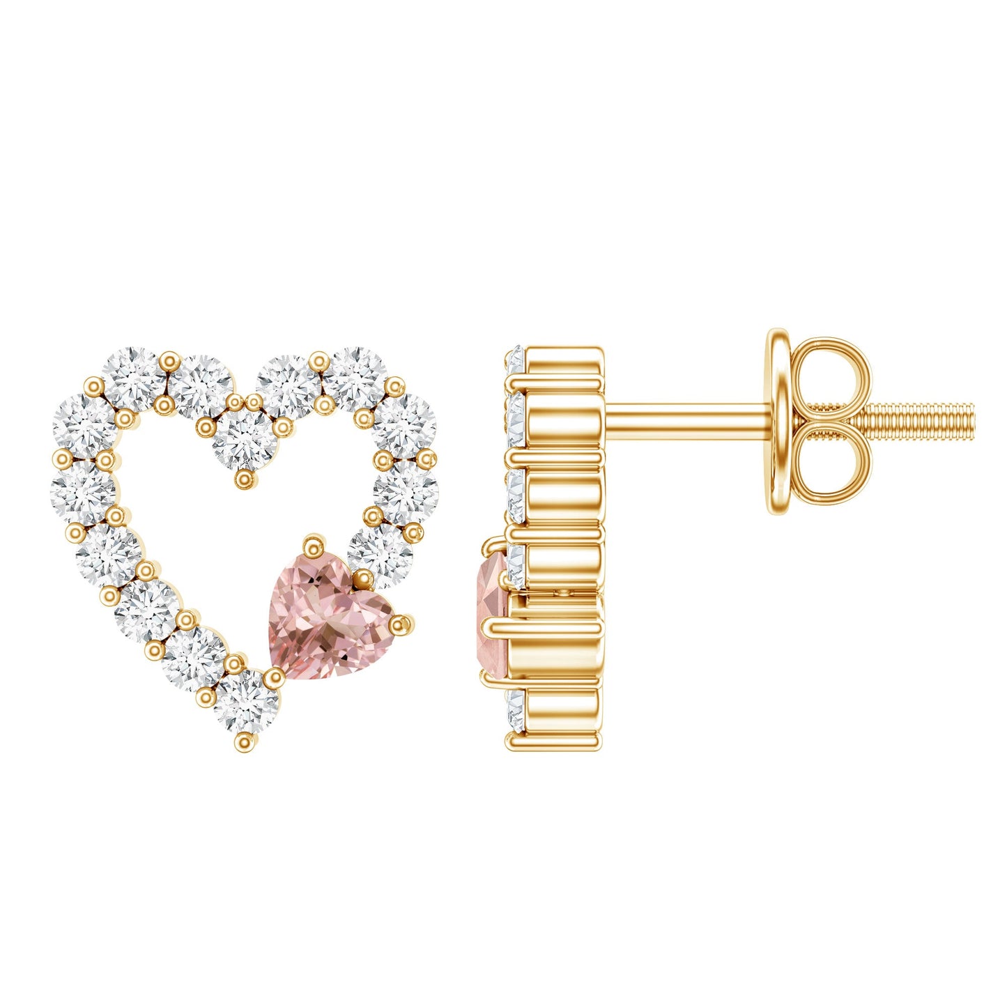 Certified Morganite and Diamond Heart Stud Earrings with Screwbacks