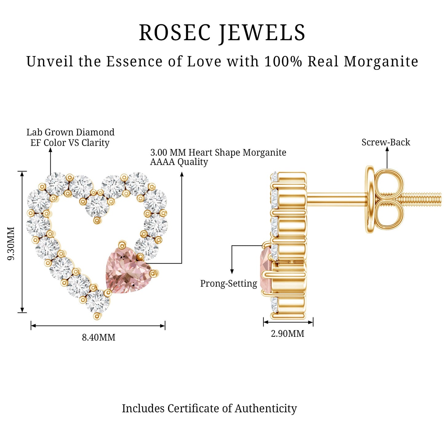 Certified Morganite and Diamond Heart Stud Earrings with Screwbacks