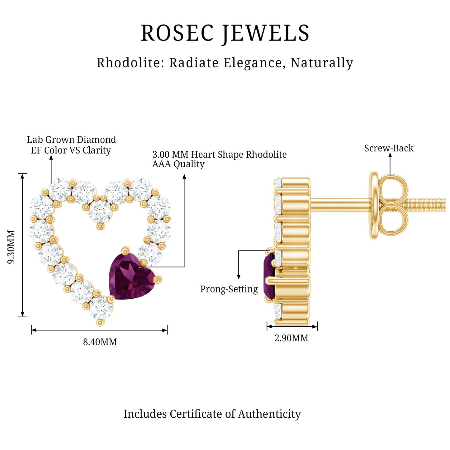 Sterling Silver Rhodolite Diamond Heart Stud Earrings