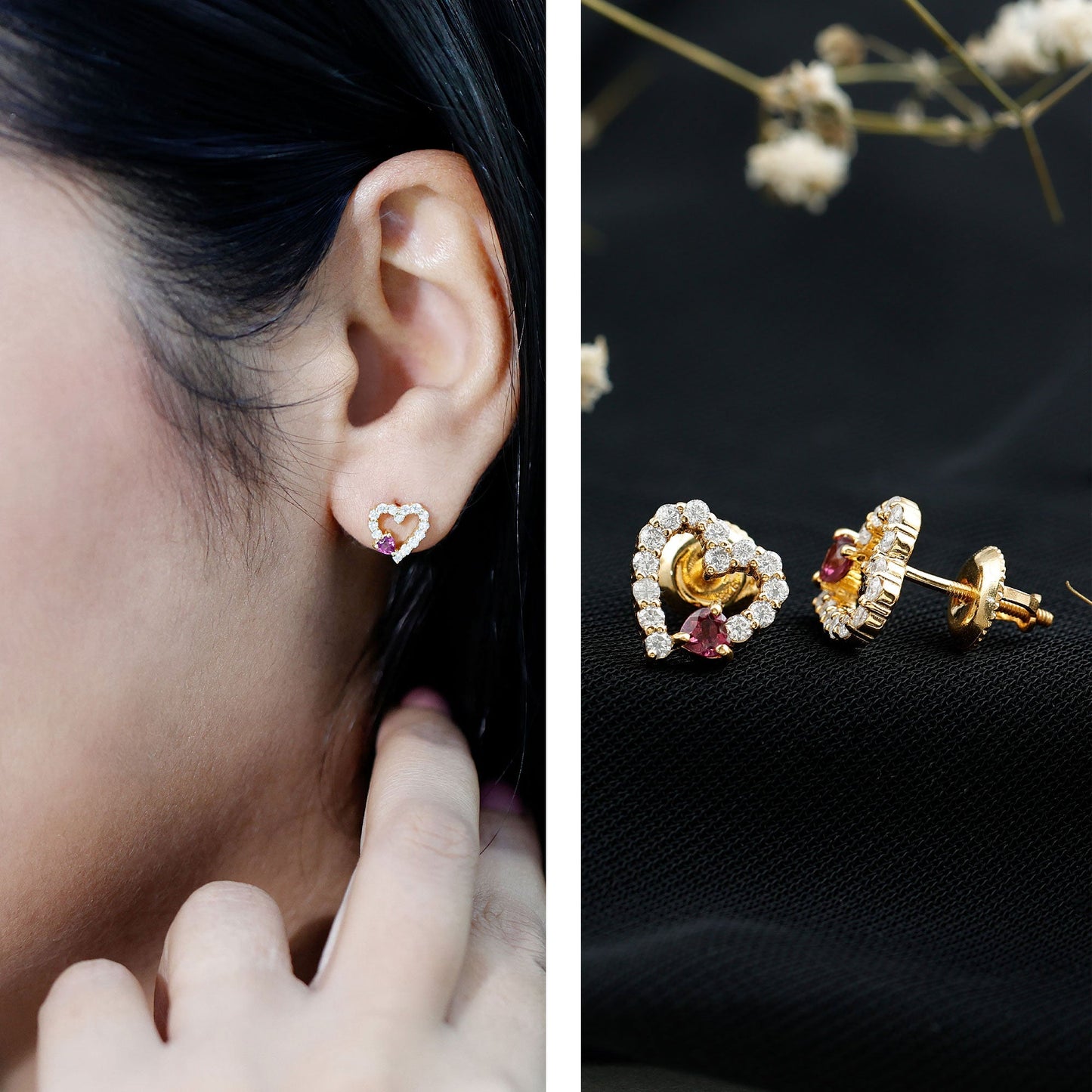 Sterling Silver Rhodolite Diamond Heart Stud Earrings