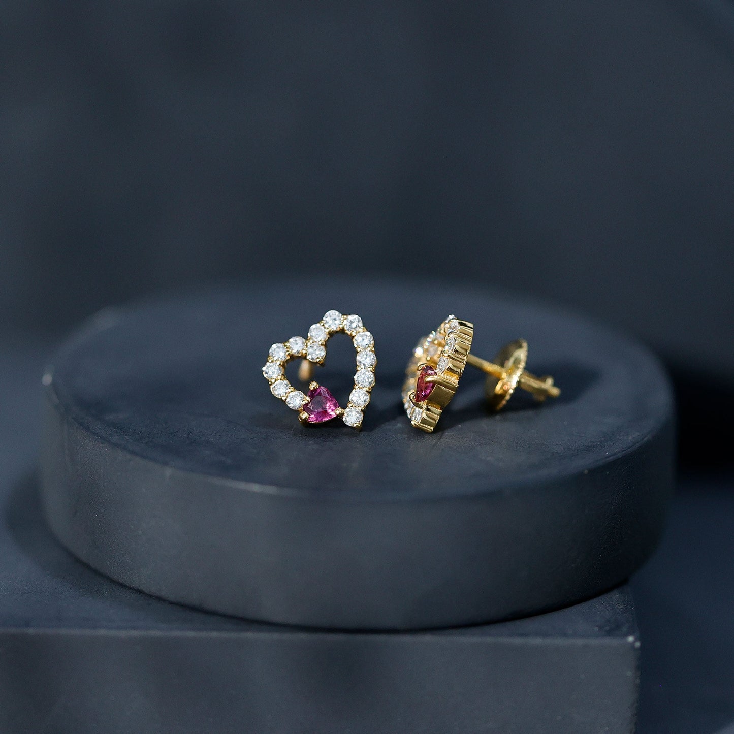 Sterling Silver Rhodolite Diamond Heart Stud Earrings
