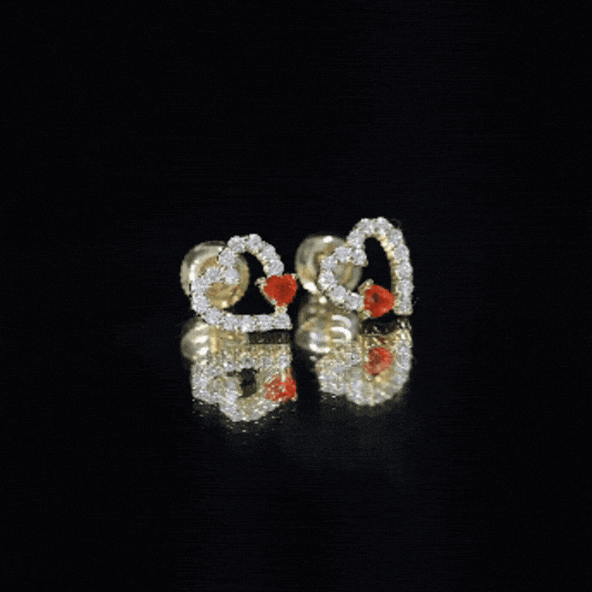 Certified Fire Opal and Diamond Heart Stud Earrings in Silver
