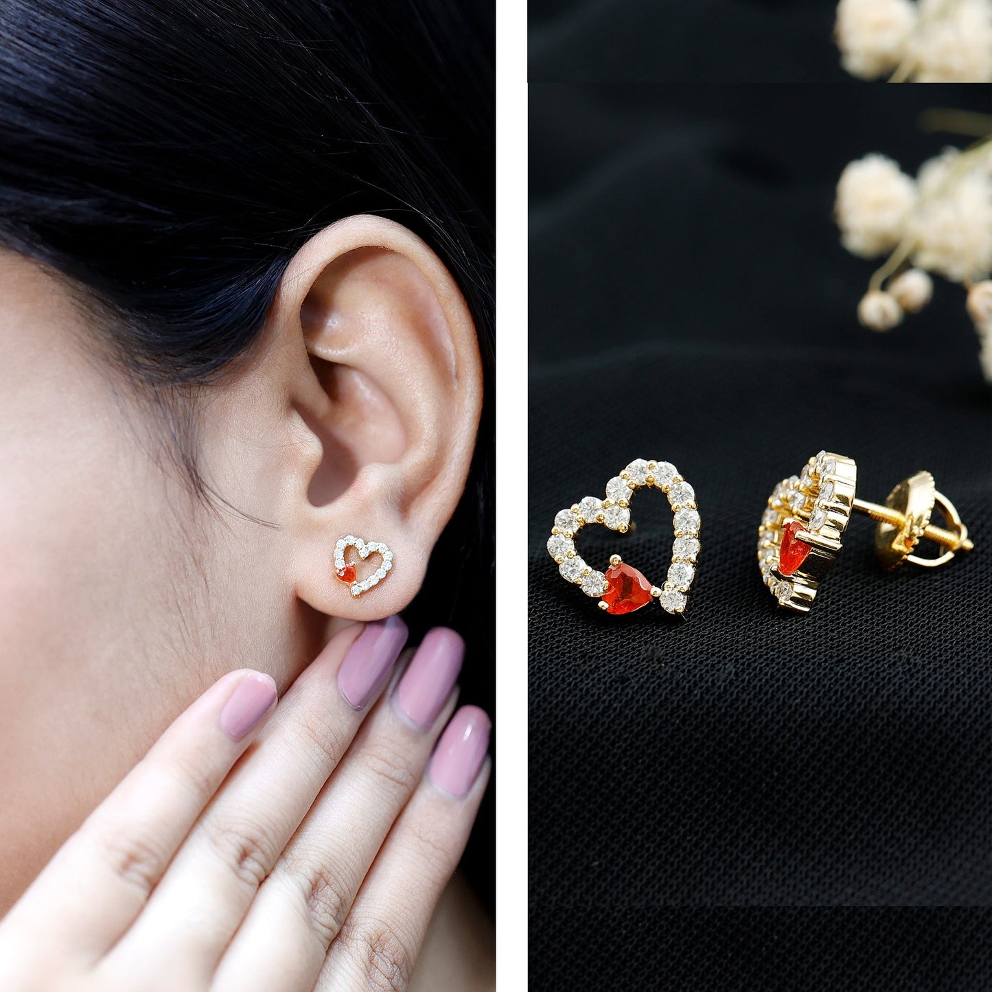 Certified Fire Opal and Diamond Heart Stud Earrings in Silver