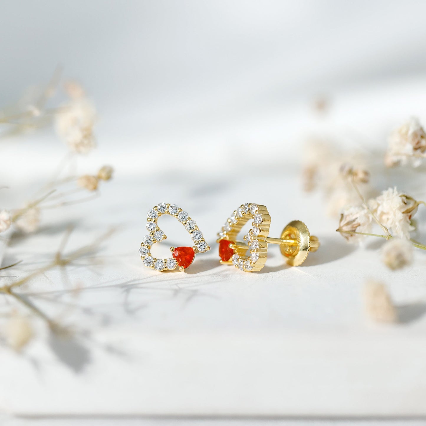 Certified Fire Opal and Diamond Heart Stud Earrings in Silver