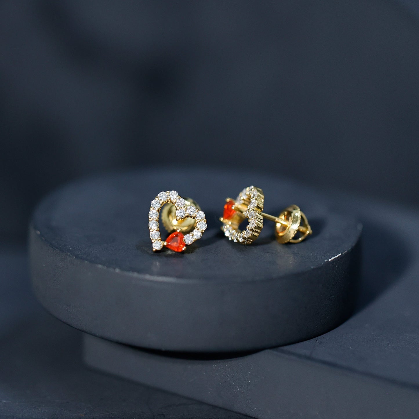 Certified Fire Opal and Diamond Heart Stud Earrings in Silver