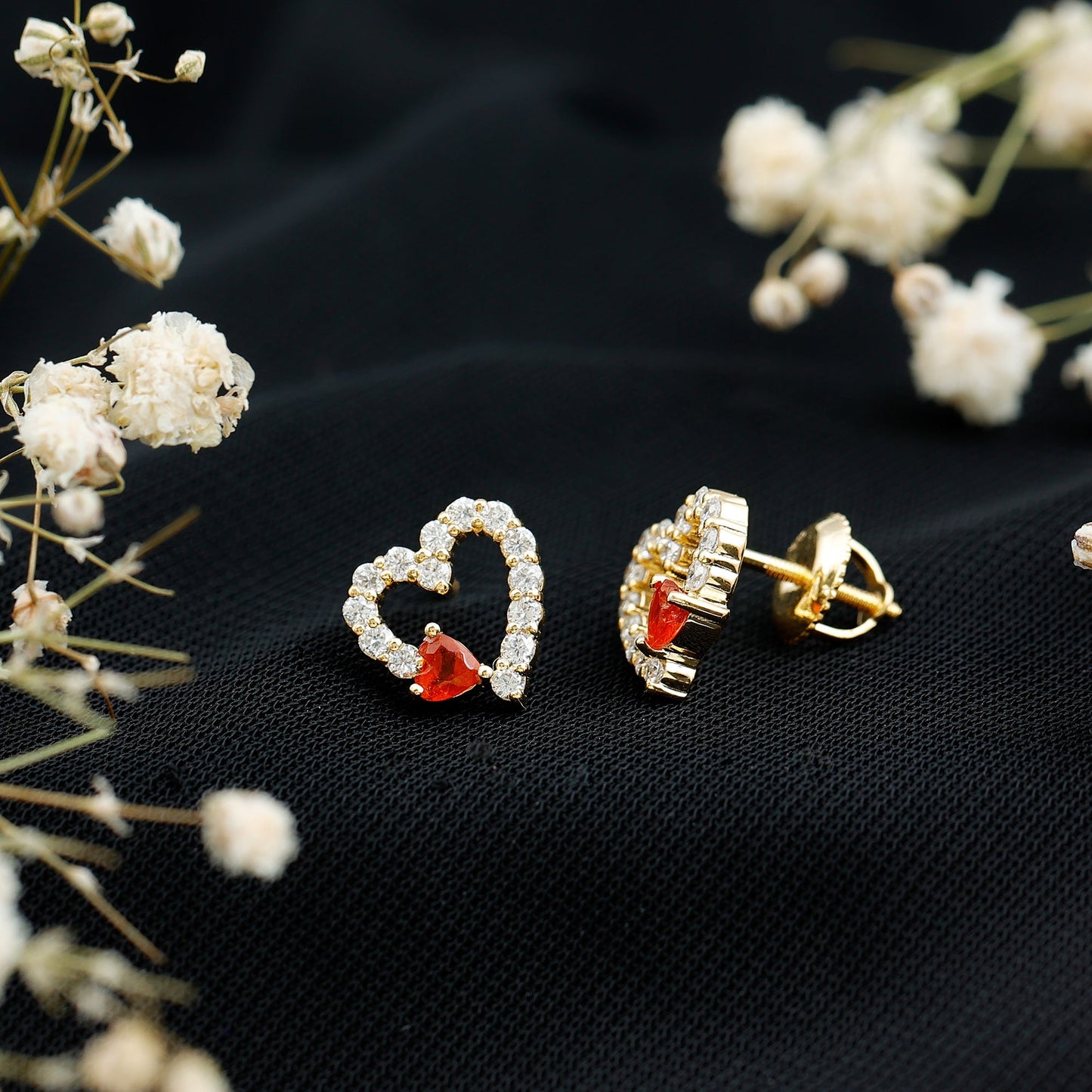 Certified Fire Opal and Diamond Heart Stud Earrings in Silver