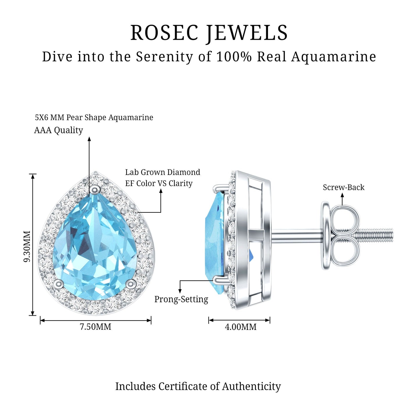 Real 0.89 Carat Aquamarine and Diamond Stud Earrings in Silver