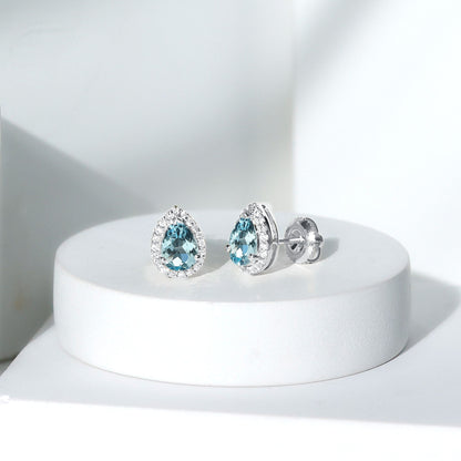 Real 0.89 Carat Aquamarine and Diamond Stud Earrings in Silver