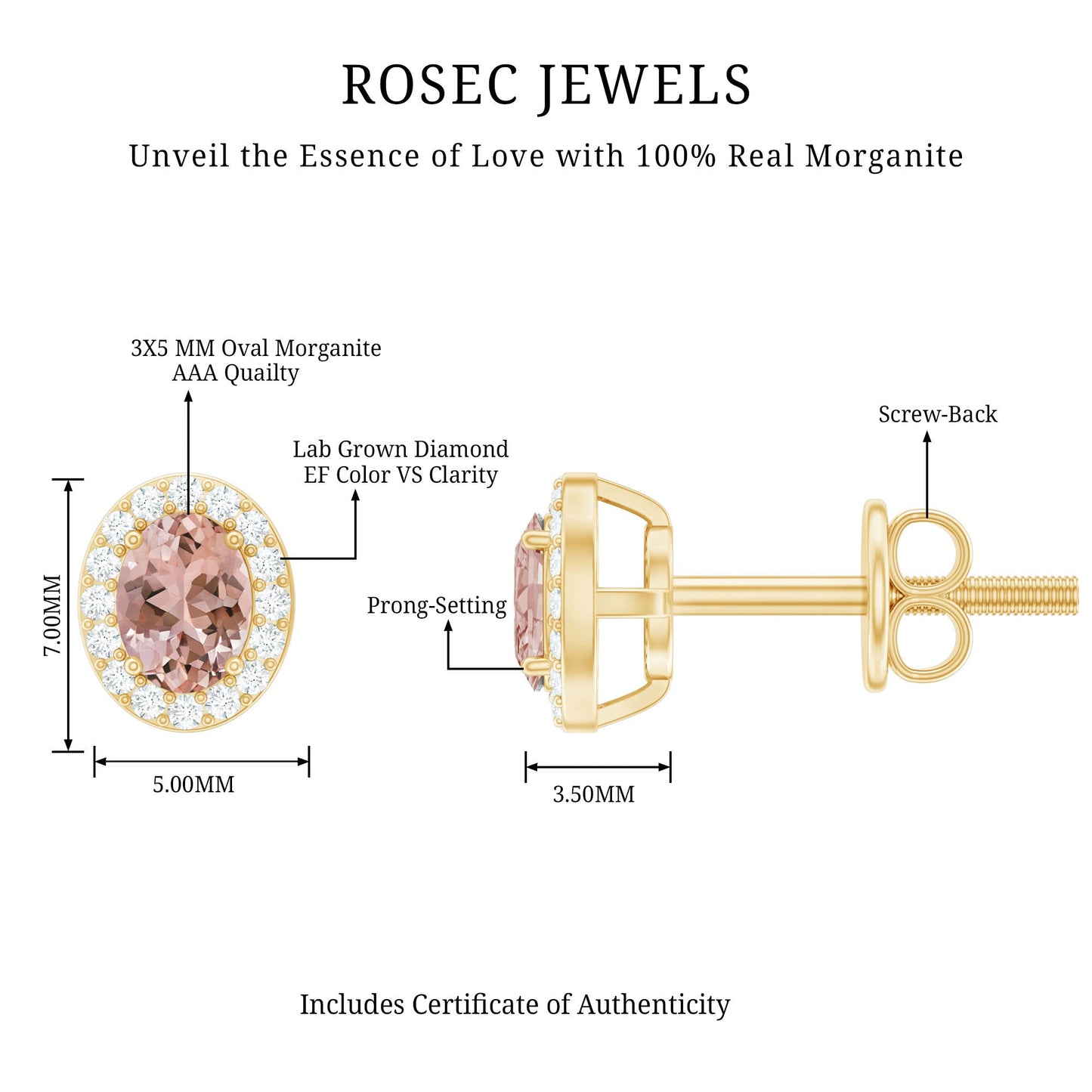 Peach Morganite and Diamond Halo Stud Earrings