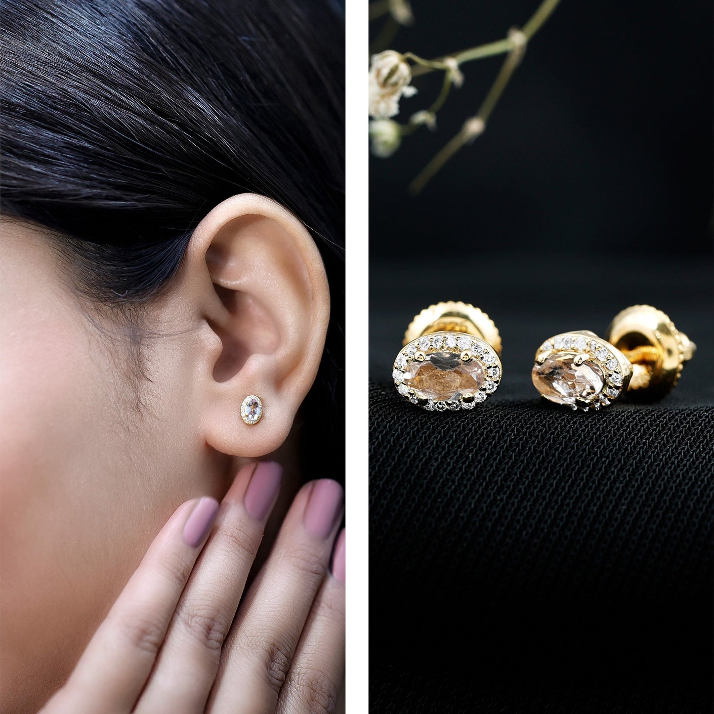Peach Morganite and Diamond Halo Stud Earrings